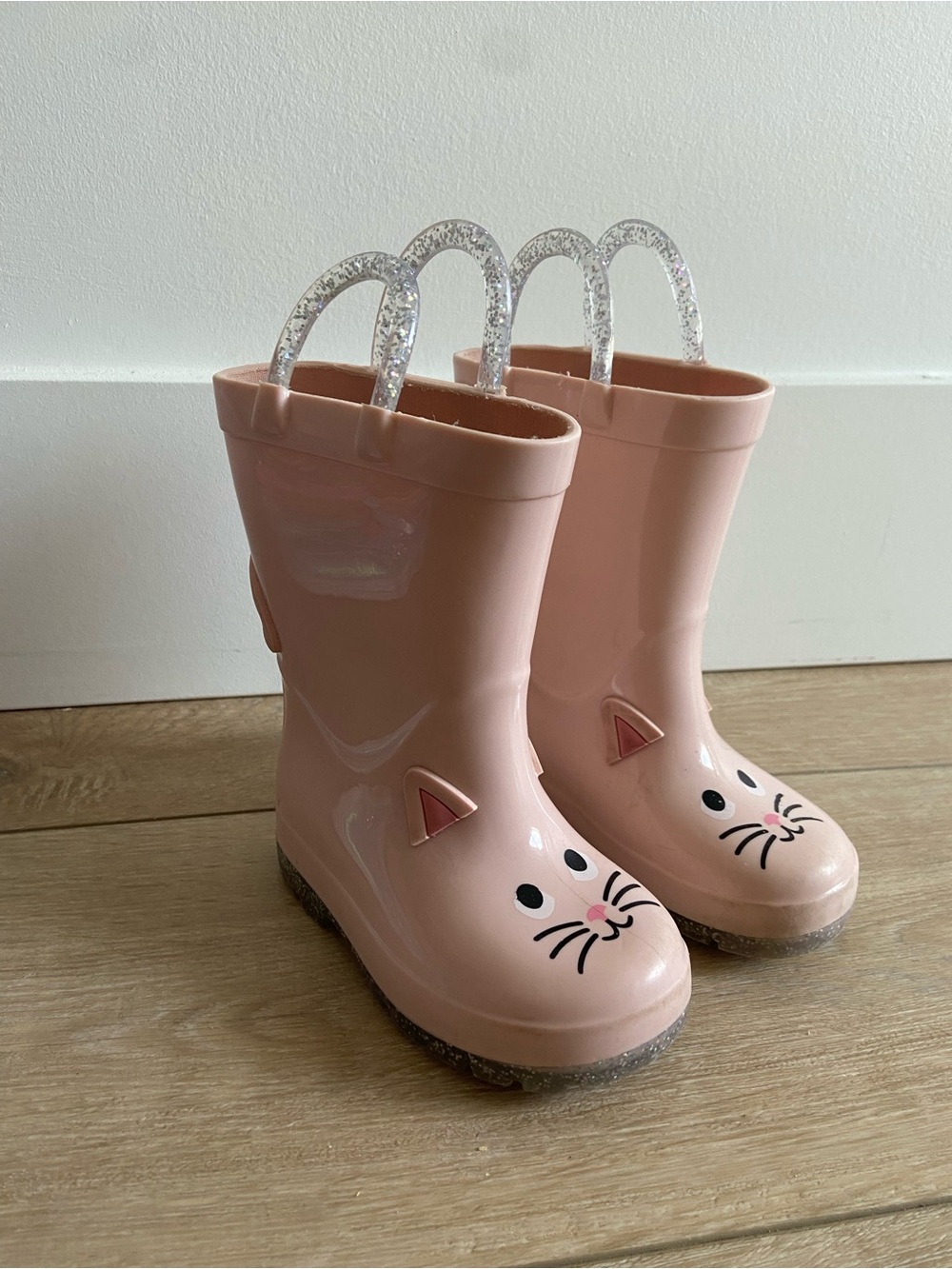 Toddler Girl Pink Cat Rain Boots with Glitter Handles